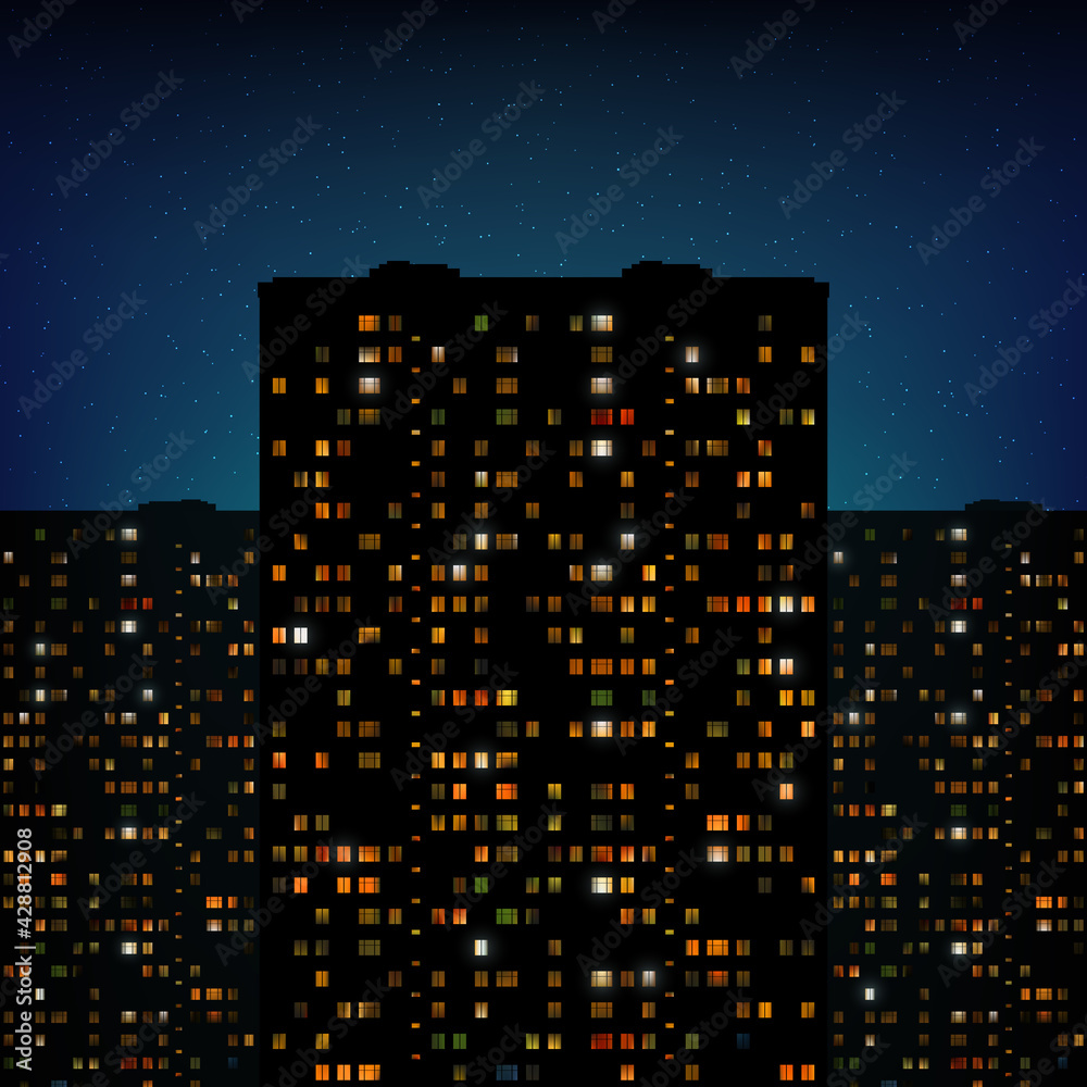 Glowing gold windows of buildings, stars in night sky. View from window on city night landscape. Light of windows in tall buildings, starry sky. Abstract background, wallpaper. Vector illustration Glowing gold windows of buildings, stars in night sky. View from window on city night landscape. Light of windows in tall buildings, starry sky. Abstract background, wallpaper. Vector illustration