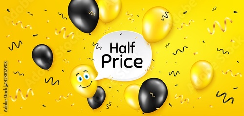 Half Price. Balloon confetti vector background. Special offer Sale sign. Advertising Discounts symbol. Birthday balloon background. Half price message. Celebrate yellow banner. Vector