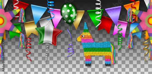 cinco de mayo seamless banner with pinatas, streamers, pennants and balloons