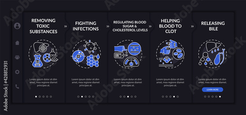 Hepatic purposes onboarding vector template. Responsive mobile website with icons. Web page walkthrough 5 step screens. Toxic substances removing night mode concept with linear illustrations
