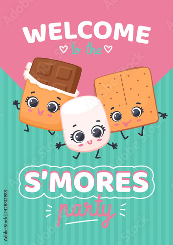 Cartoon characters chocolate, marshmallow and crackers invite on S'mores party