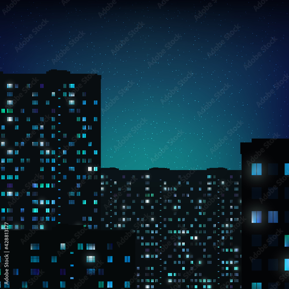 Glowing windows of buildings, stars in night sky. View from window on city  night landscape. Light of the windows in tall buildings, starry sky.  Abstract background, wallpaper. Vector illustration Stock Vector