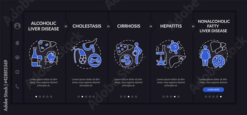 Hepatic illness types onboarding vector template. Responsive mobile website with icons. Web page walkthrough 5 step screens. Hepatitis, tumor, cholestasis night mode concept with linear illustrations