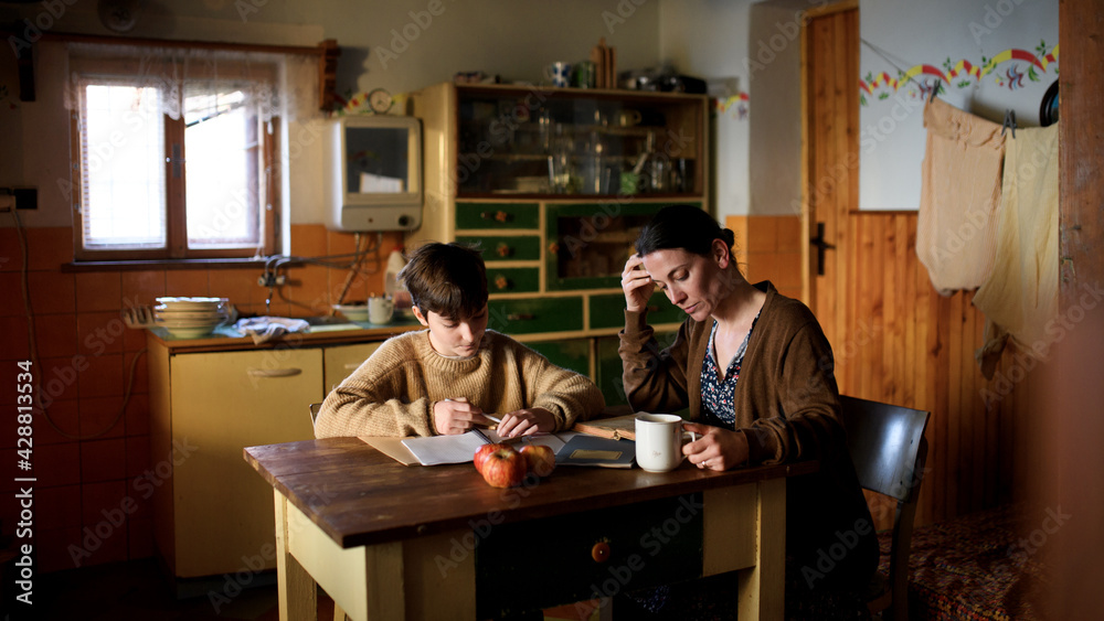 Poor mature mother and small daughter learning indoors at home, poverty concept. - obrazy, fototapety, plakaty 
