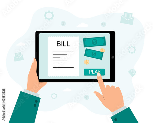 Vector illustrations. Hands holding a tablet with the payment of bills . Payment for utilities, banks, online purchases, flights, restaurants, and other things.