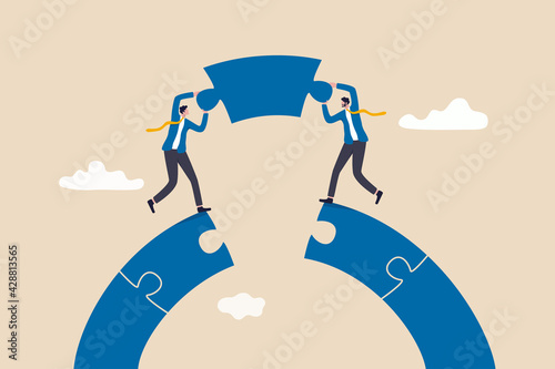 Business teamwork and partnership help to achieve team success, think together to solve business problem, business connection concept, businessmen working team building connect jigsaw puzzle bridge. photo