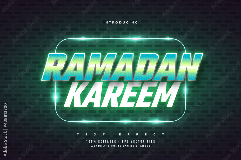 Ramadan Kareem Text in Green Retro Style and Glowing Neon Effect