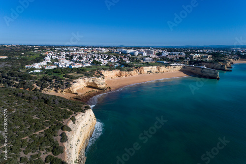 Aerial view of the scenic Algarve coastline  with beaches and resorts  Concept for summer vacations in Portugal