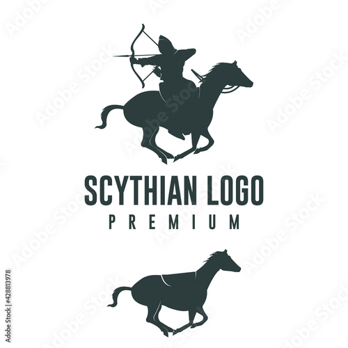 Vector scythian logo design of archer holding bow on a running horse