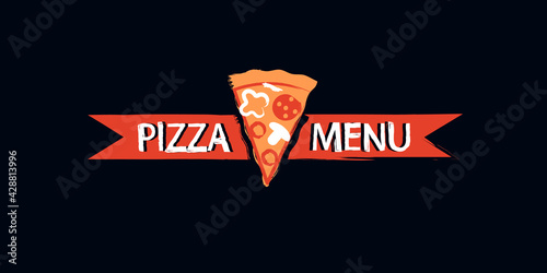 Hand drawn pizza menu logo or label design. Pizzeria, food concept. Textured illustration on black background