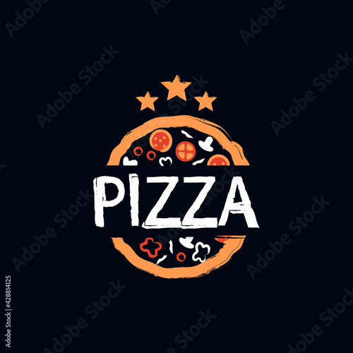 Hand drawn pizza  logo or label design. Pizzeria, food concept. Textured illustration on black background