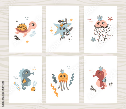 Cute posters collection wuth turtle, jellyfish and seahorse.