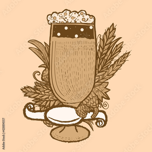 Beer label in a glass with hops, wheat spikelets and blank ribbon. Retro color, sepia sketch.