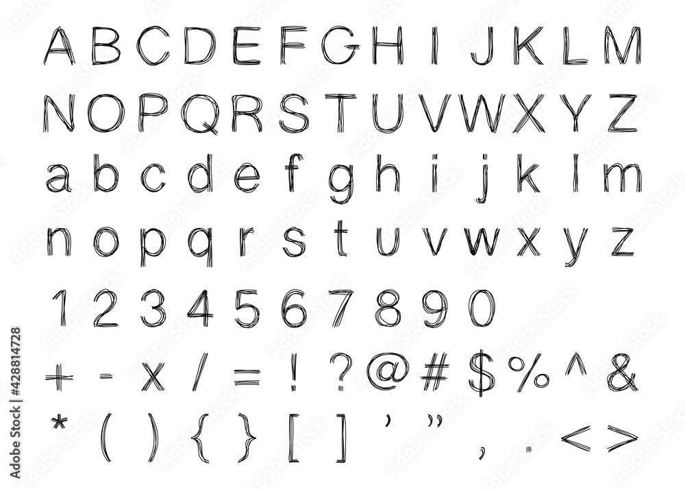 Uppercase and lowercase english alphabet, number and mathematics symbol as doodle handdrawing font style Uppercase and lowercase english alphabet, number and mathematics symbol as doodle handdrawing font style