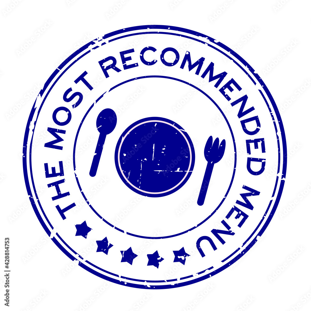Grunge blue the most recommended menu word with dish, spoon and fork icon rubber seal stamp on white background Grunge blue the most recommended menu word with dish, spoon and fork icon rubber seal stamp on white background