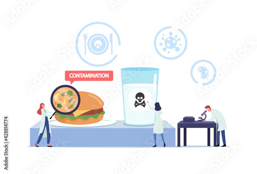 Food Poisoning, Contaminated Products Concept. Tiny Doctors Characters with Huge Magnifier and Microscope in Laboratory
