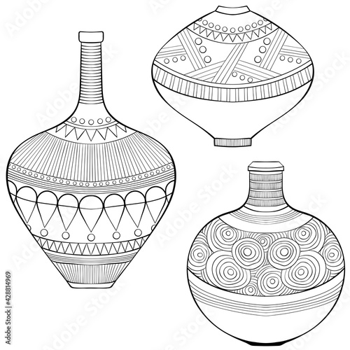 Set of three African ethnic vases different types. African, American, tribal, aztec style. Line art hand drawn isolated on white background. Sketch for tattoo, coloring book page