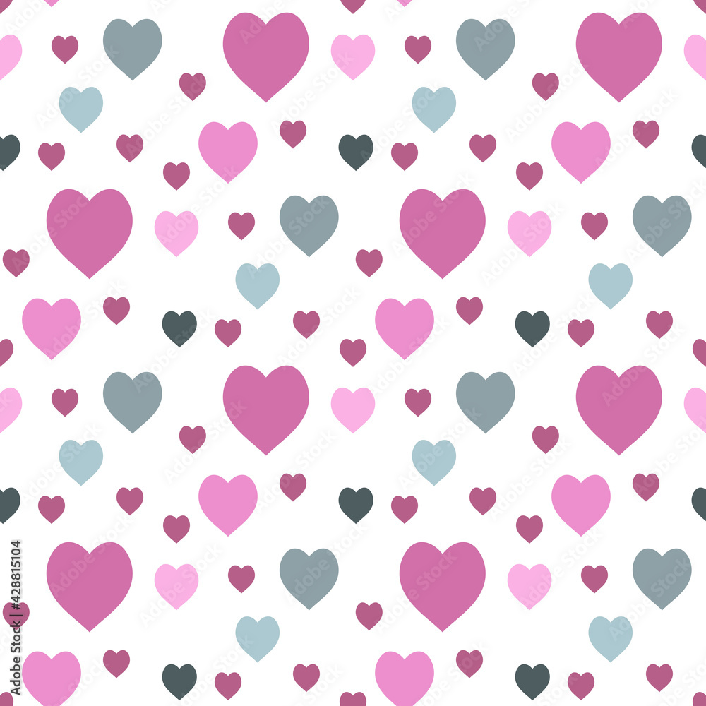 Seamless pattern with light and dark pink and discreet blue hearts on white background. Vector image.