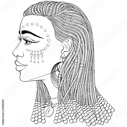 African beauty, profile of the beautiful black woman with african braids. Vector line art hand drawn illustration isolated on a white background. Fashion model for tattoo, coloring book page