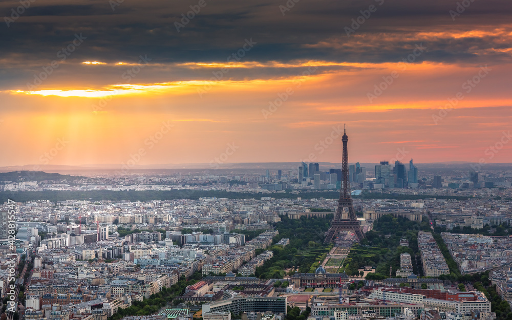 Paris skyline at sunset, France