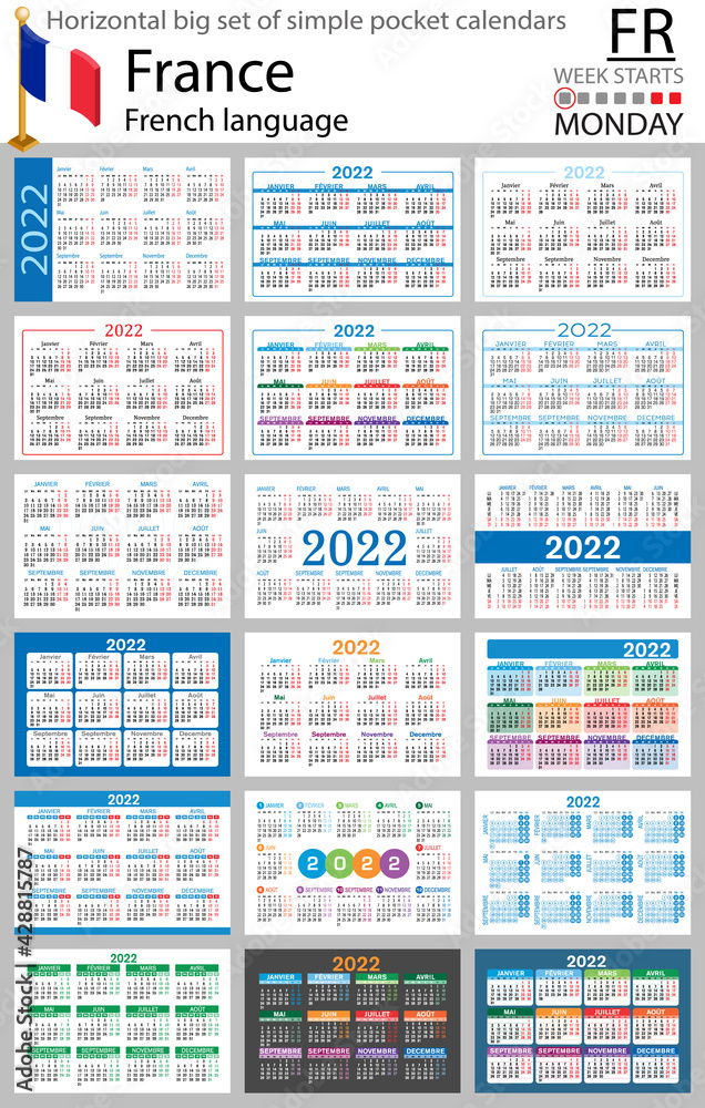French horizontal pocket calendars for 2022. Week starts Monday