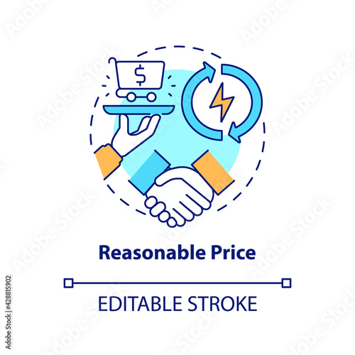 Reasonable price concept icon. Energy security component idea thin line illustration. Stimulating global economy. Cheap operating costs. Vector isolated outline RGB color drawing. Editable stroke
