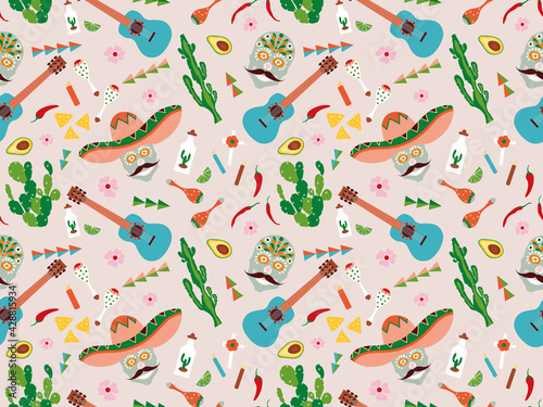 Mexico, mexican traditional Cinco de Mayo, Day of the dead, Halloween, Dia de los muertos  print background, seamless pattern design
