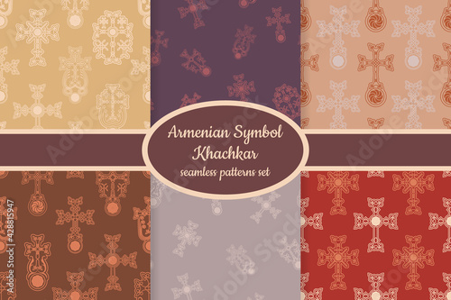 Collection of seamless patterns with ancient Armenian symbol Khachkar designed for web, fabric, paper and all prints 
