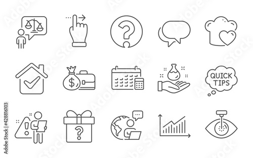 Lawyer, Eye laser and Love cooking line icons set. Secret gift, Calendar and Quick tips signs. Chemistry lab, Salary and Question mark symbols. Graph, Touchscreen gesture and Talk bubble. Vector