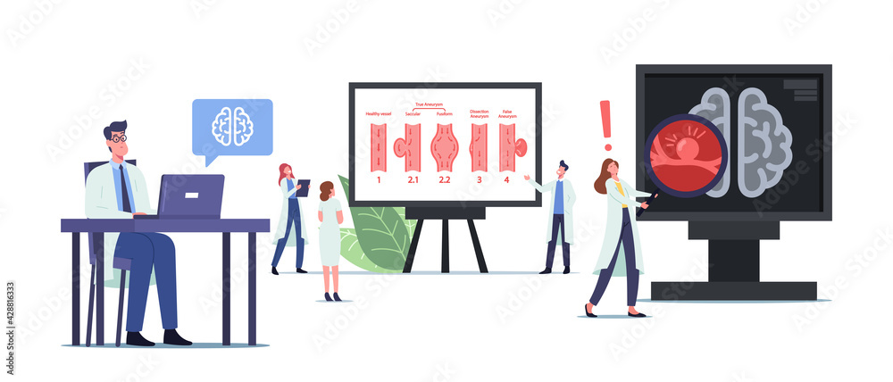 Tiny Doctors Characters at Huge Infographics with Aneurysm Phases. Disease of Artery Wall Weakening That Create Bulge Tiny Doctors Characters at Huge Infographics with Aneurysm Phases. Disease of Artery Wall Weakening That Create Bulge