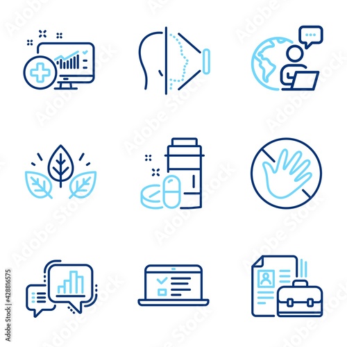 Science icons set. Included icon as Web lectures, Medical analytics, Organic tested signs. Vacancy, Face id, Do not touch symbols. Graph chart, Medical drugs line icons. Line icons set. Vector