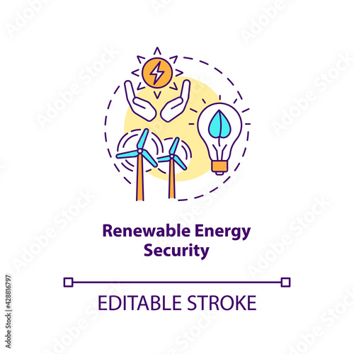 Renewable energy security concept icon. Security type idea thin line illustration. Renewable technologies deployment. Alternative sources. Vector isolated outline RGB color drawing. Editable stroke