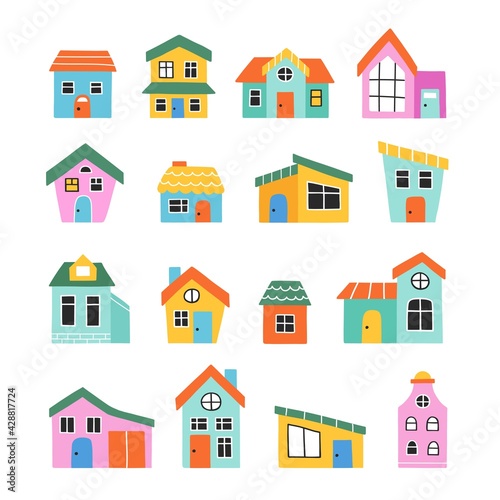 Collection of hand drawn multicolour home and houses. Doodle sketch. Symbols cute buildings. Vector isolated illustration.