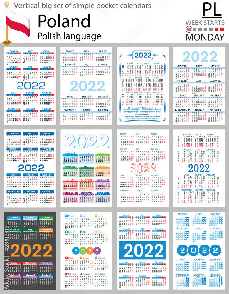 Polish vertical pocket calendars for 2022. Week starts Monday Polish vertical pocket calendars for 2022. Week starts Monday