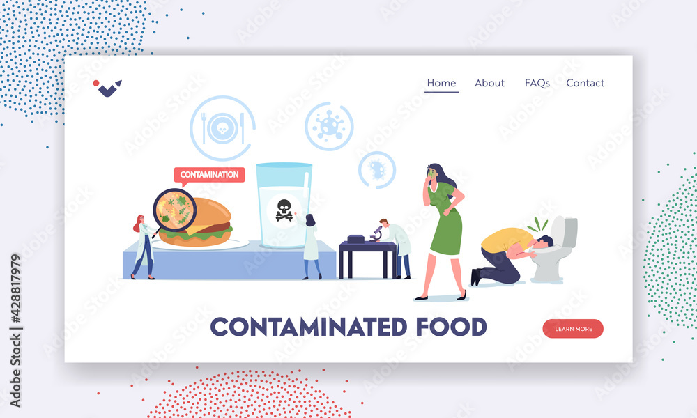 Food Poisoning, Contaminated Products Landing Page Template. Sick Characters Nausea and Vomit in Toilet