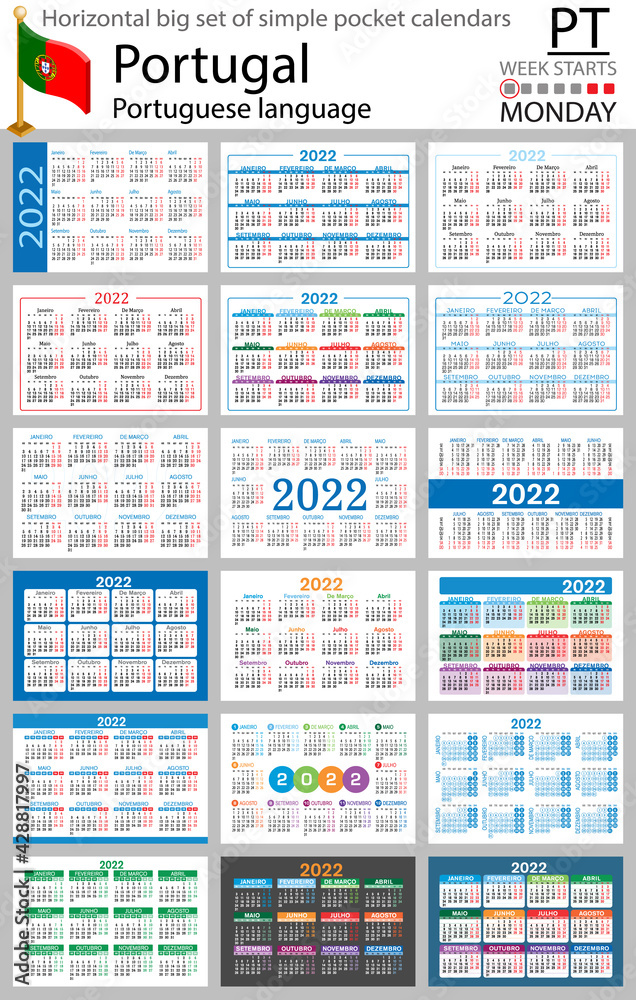 Portuguese horizontal pocket calendars for 2022. Week starts Monday