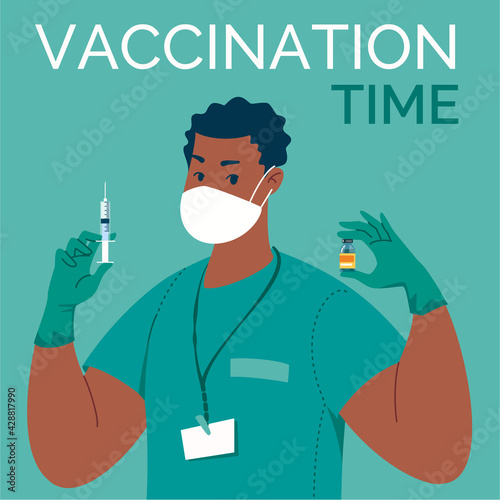 Doctor in mask, latex gloves with syringe and vaccine in his hands. Vaccination time. Vector illustration. Cartoon. Flat.