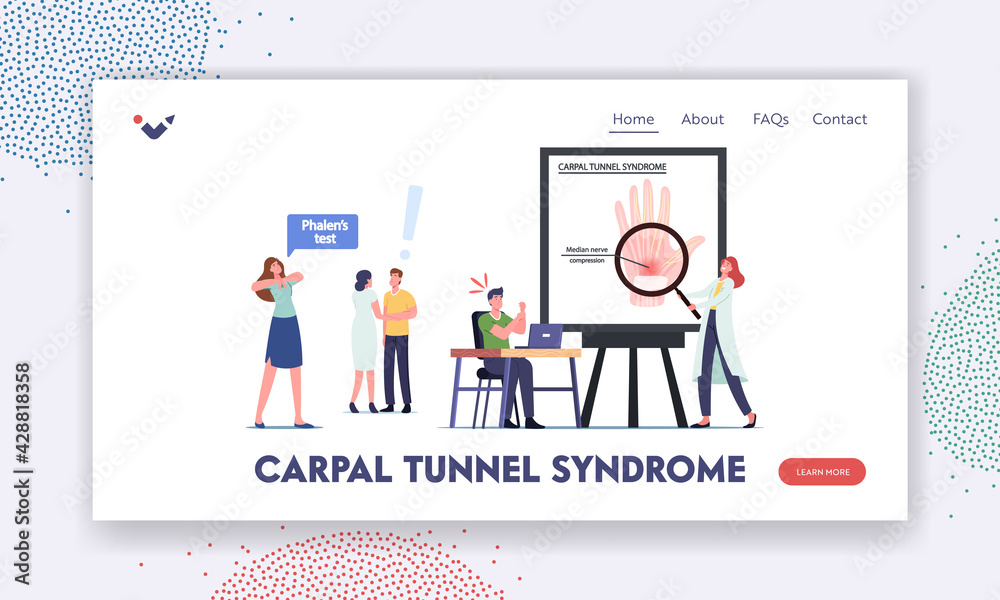Carpal Tunnel Syndrome Landing Page Template. Characters Suffer of Median Nerve Compression in Wrist after Working on Pc