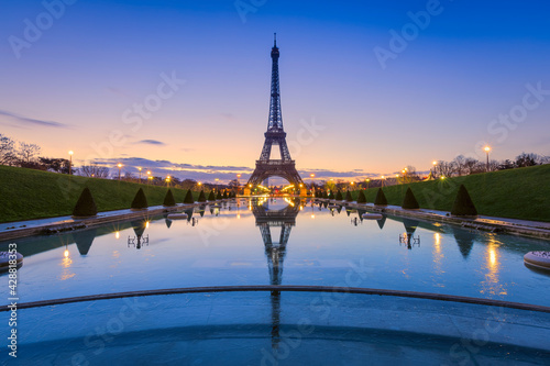 Frozen reflections in Paris. Eiffel Tower at sunrise from Trocadero Fountains  © MarcelloLand