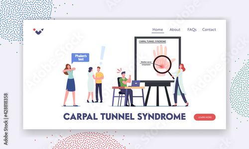 Carpal Tunnel Syndrome Landing Page Template. Characters Suffer of Median Nerve Compression in Wrist after Working on Pc © Sergii Pavlovskyi