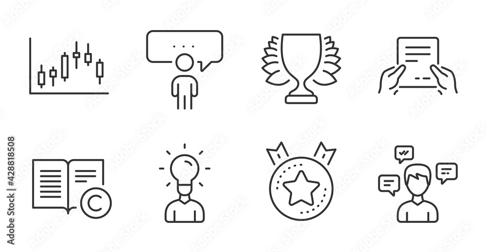 Education, Winner and Candlestick graph line icons set. Copyright, Receive file and Conversation messages signs. Ranking star, Consulting business symbols. Quality line icons. Education badge. Vector Education, Winner and Candlestick graph line icons set. Copyright, Receive file and Conversation messages signs. Ranking star, Consulting business symbols. Quality line icons. Education badge. Vector