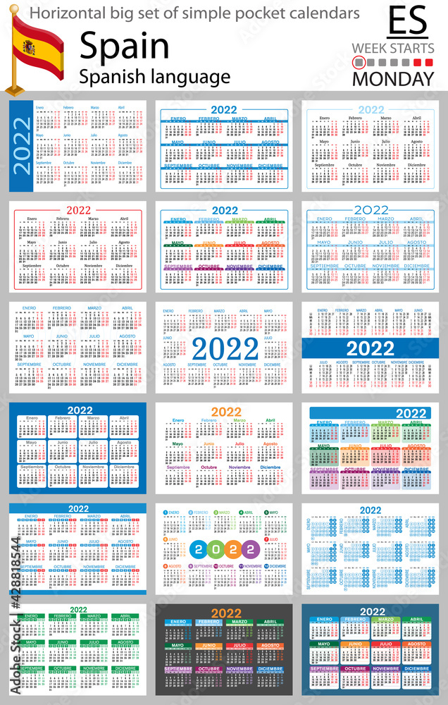 Spanish horizontal pocket calendars for 2022. Week starts Monday Spanish horizontal pocket calendars for 2022. Week starts Monday