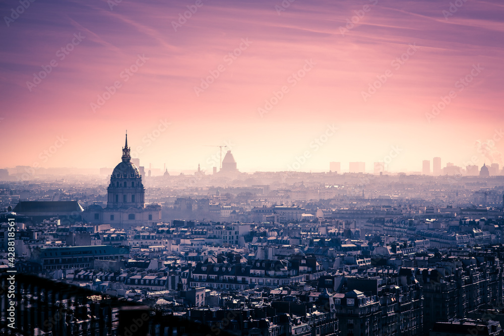 Paris skyline at sunrise, France. View from the Eiffel tower