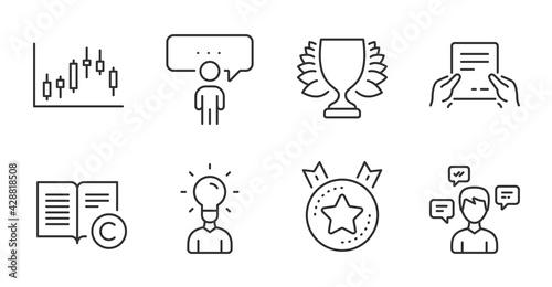 Education, Winner and Candlestick graph line icons set. Copyright, Receive file and Conversation messages signs. Ranking star, Consulting business symbols. Quality line icons. Education badge. Vector