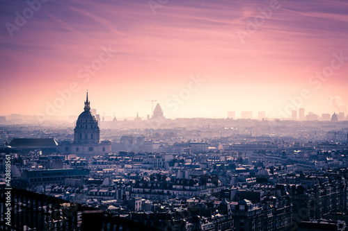 Photography Paris skyline at sunrise, France. View from the Eiffel tower