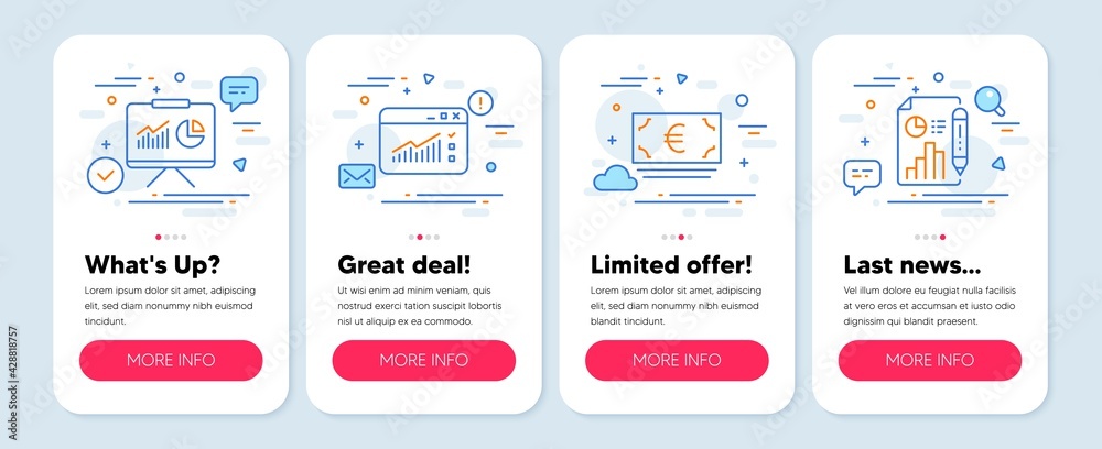Set of Finance icons, such as Web traffic, Presentation, Euro currency symbols. Mobile screen banners. Report document line icons. Website window, Board with charts, Eur banking. Growth chart. Vector Set of Finance icons, such as Web traffic, Presentation, Euro currency symbols. Mobile screen banners. Report document line icons. Website window, Board with charts, Eur banking. Growth chart. Vector