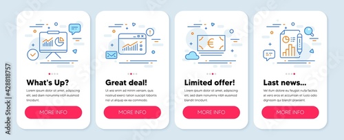 Set of Finance icons, such as Web traffic, Presentation, Euro currency symbols. Mobile screen banners. Report document line icons. Website window, Board with charts, Eur banking. Growth chart. Vector