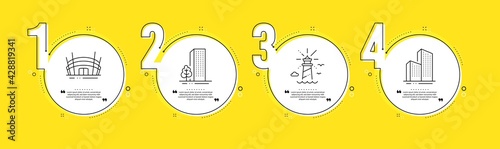Arena stadium, Lighthouse and Buildings line icons set. Timeline process infograph. Skyscraper buildings sign. Competition building, Navigation beacon, City architecture. Town architecture. Vector
