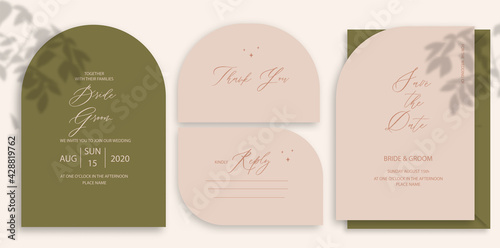 Modern wedding invitation, burnt reen wedding invitation template, arch shape with leaf shadow and handmade calligraphy.