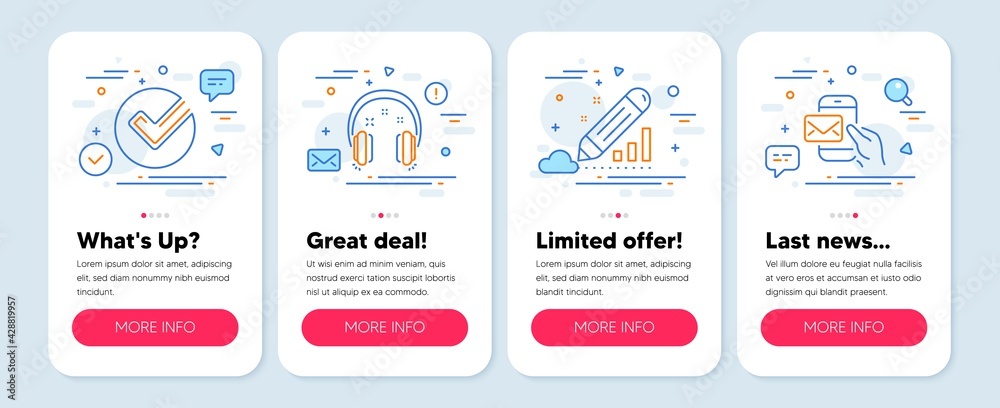 Set of Education icons, such as Headphones, Verify, Edit statistics symbols. Mobile screen app banners. Messenger mail line icons. Earphones, Selected choice, Seo manage. New e-mail. Vector